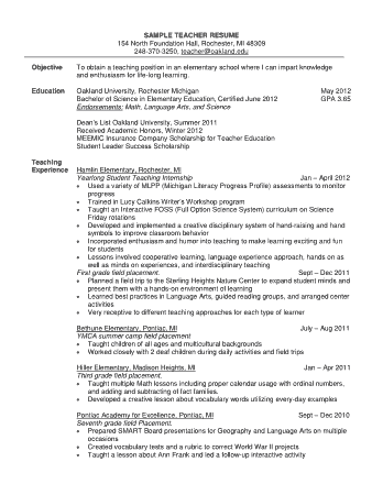 Teacher Resume Objective Examples Template