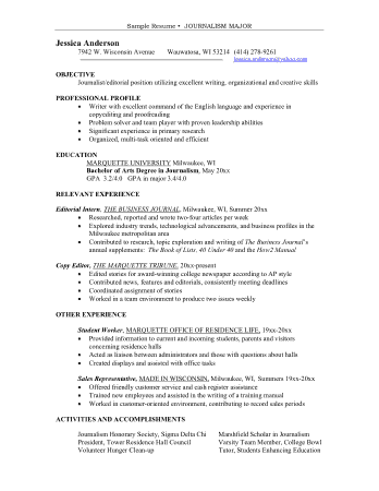 College Resume Example For Journalism Template