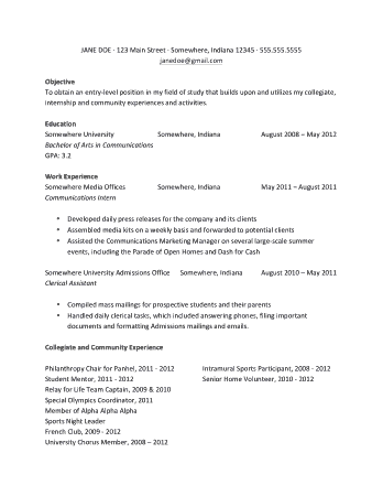 Resume for First Job out of College Template