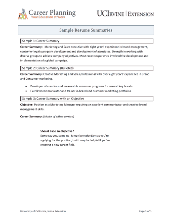 Professional Career Summary for Resume Template