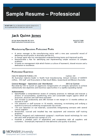 Professional Sample Resume Example Template