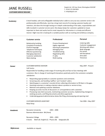 Customer Service Resume Summary Example Template
