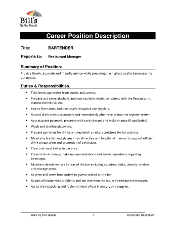Bartender Resume Career Position Description Template