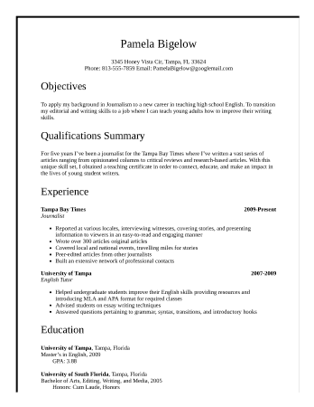 Sample Career Transition to Teaching Resume Template