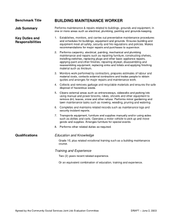 Free Download PDF Books, Building Maintenance Worker Job Desciption for Resume Template