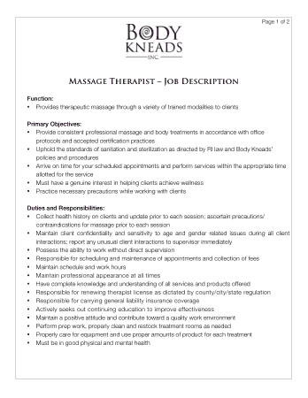 Massage Therapist Job Description Resume Template