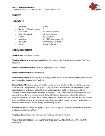 Nanny Job Description Resume Template