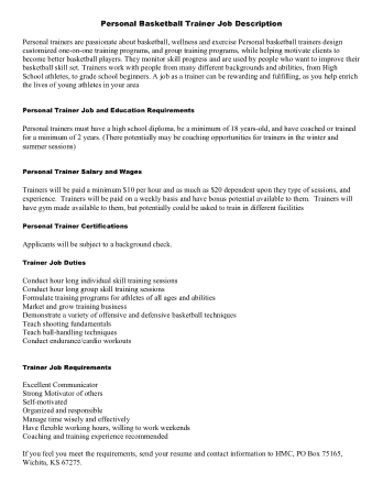 Personal Trainer Job Description for Resume Template
