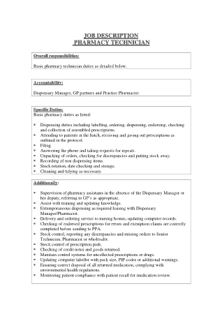 Pharmacy Technician Job Description For Resume Template