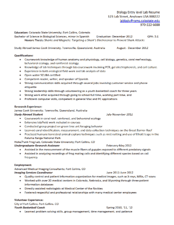 Entry Level Lab Resume Template