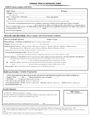 General Health Appraisal Form Template