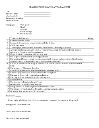 Teacher Appraisal Form Sample Template