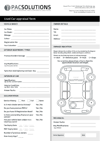 Used Car Appraisal Form Template