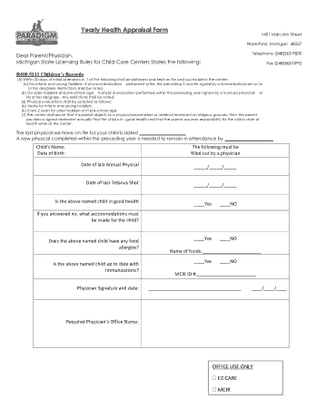 Yearly Health Appraisal Form Template