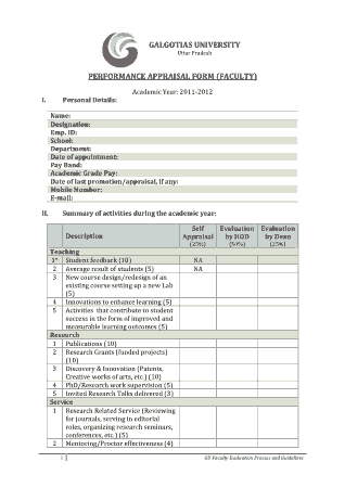 Faculty Performance Appraisal Form Template