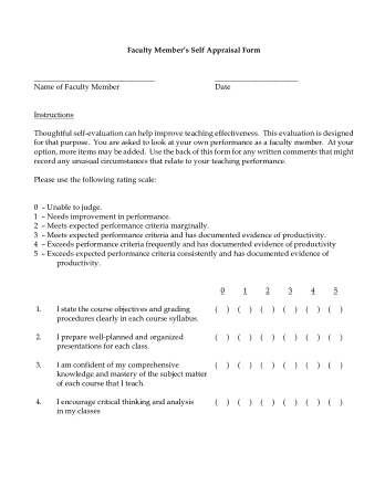 Self Appraisal Form for Teacher Template