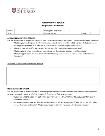 Self Performance Appraisal Example Template
