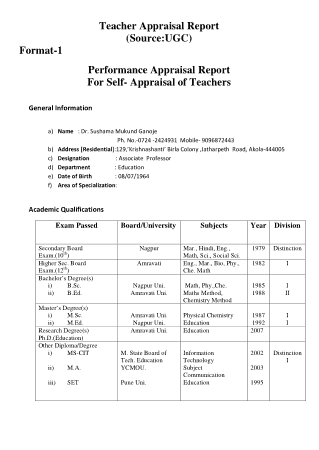 Free Download PDF Books, Teacher Self Appraisal Format Template