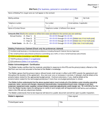 Sample Bid Proposal Form For Services Template