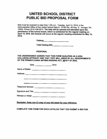 United School District Public Bid Proposal Form Template