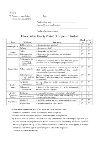 Checklist for Quality Control of Registered Products Template