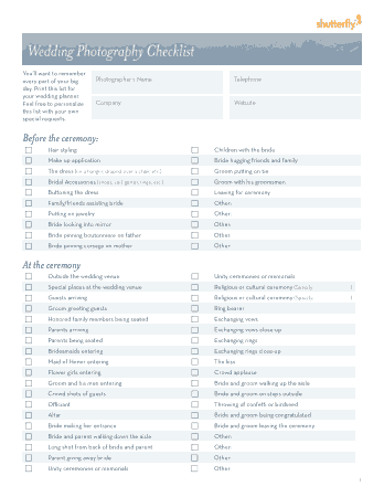 Wedding Photography Checklist Template