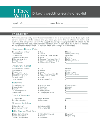 Dillard Wedding Registry Checklist Template