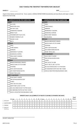 Daily Vehicle Pre Trip Inspection Checklist Template