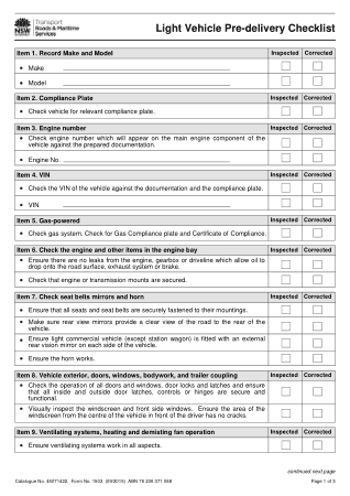 Light Vehicle Pre Delivery Checklist Template