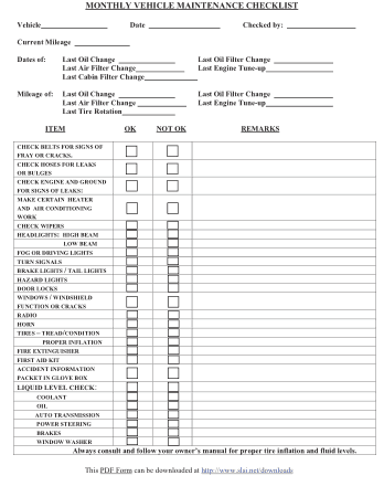 Monthly Vehicle Checklist Template