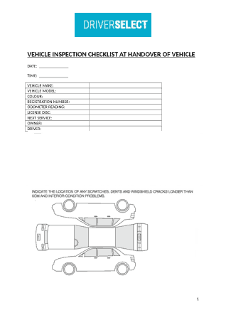 Vehicle Inspection Checklist At Handover of Vehicle Template