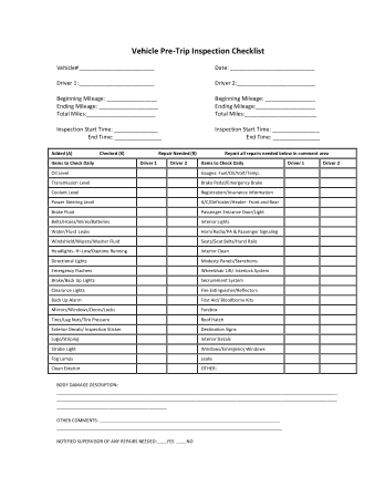 Vehicle Pre Trip Inspection Checklist Sample Template