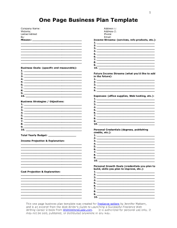 One Page Business Plan Free Free Template