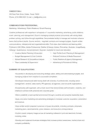 Marketing Communications Director Resume Template