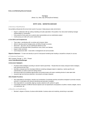 Free Download PDF Books, Marketing Entry Level Resume Objective Sample Template