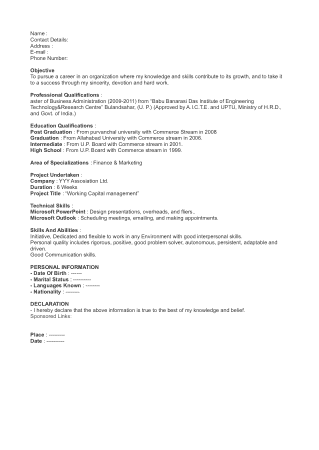 Marketing Executive Resume for Fresher Template