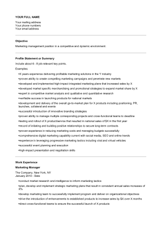 Free Download PDF Books, Marketing Manager Resume Format Template