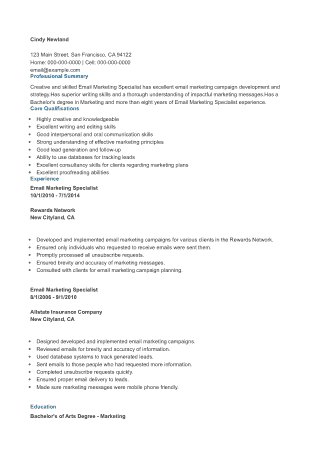 Sample Email Marketing Specialist Skills Resume Template