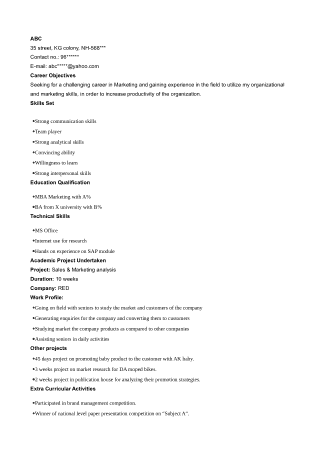 Sample Sales And Marketing Resume Template