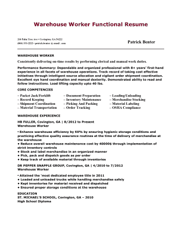 Warehouse Worker Functional Resume Template