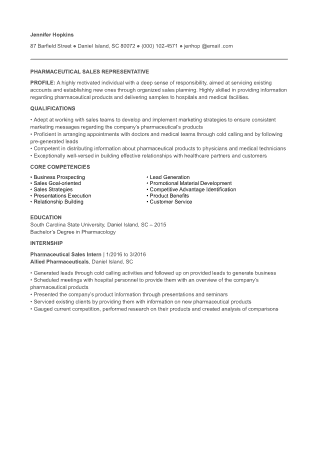 Entry Level Pharmaceutical Sales Resume Free Template