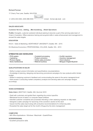 Free Download PDF Books, Entry Level Sales Associate Resume Template