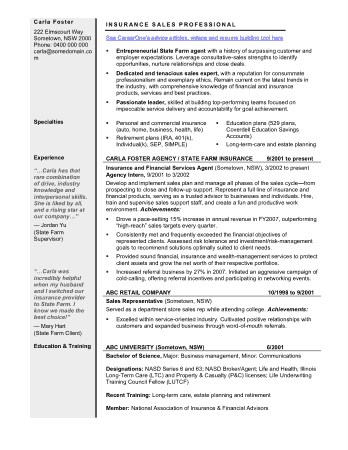 Insurance Sales Agent Resume Example Sample Template