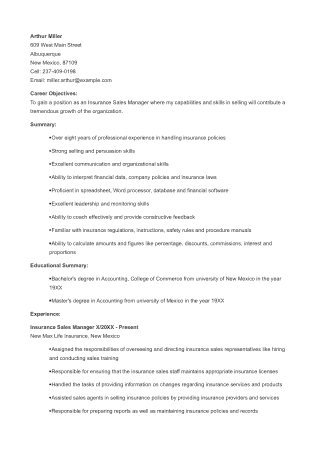 Insurance Sales Manager Resume Format Template