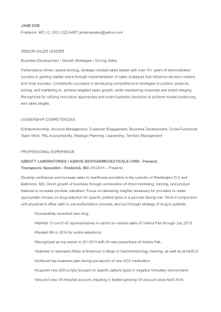 Pharmaceutical Sales Manager Resume Example Template