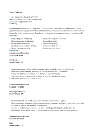 Sales Account Executive Resume Free Template