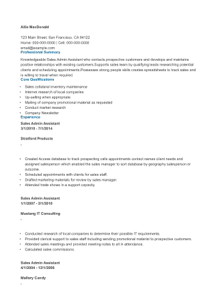 Sales Administrative Assistant Resume Template
