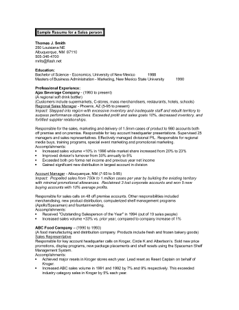 Sample Resume For A Sales Person Template