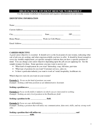 High School Resume Worksheet Example Template
