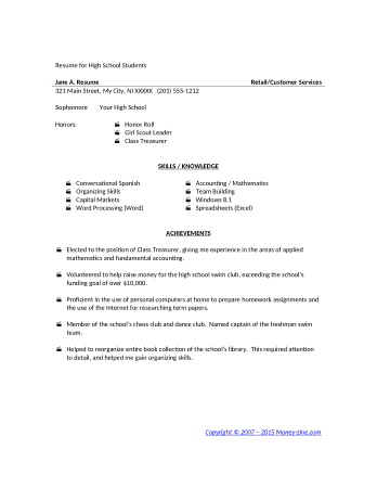 Resume For High School Students Template